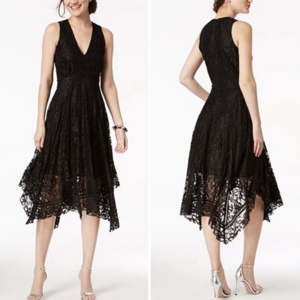 TAYLOR MISSES SIZES NAVY BLUE LACE HANDKERCHIEF HEM SLEEVELESS DRESS